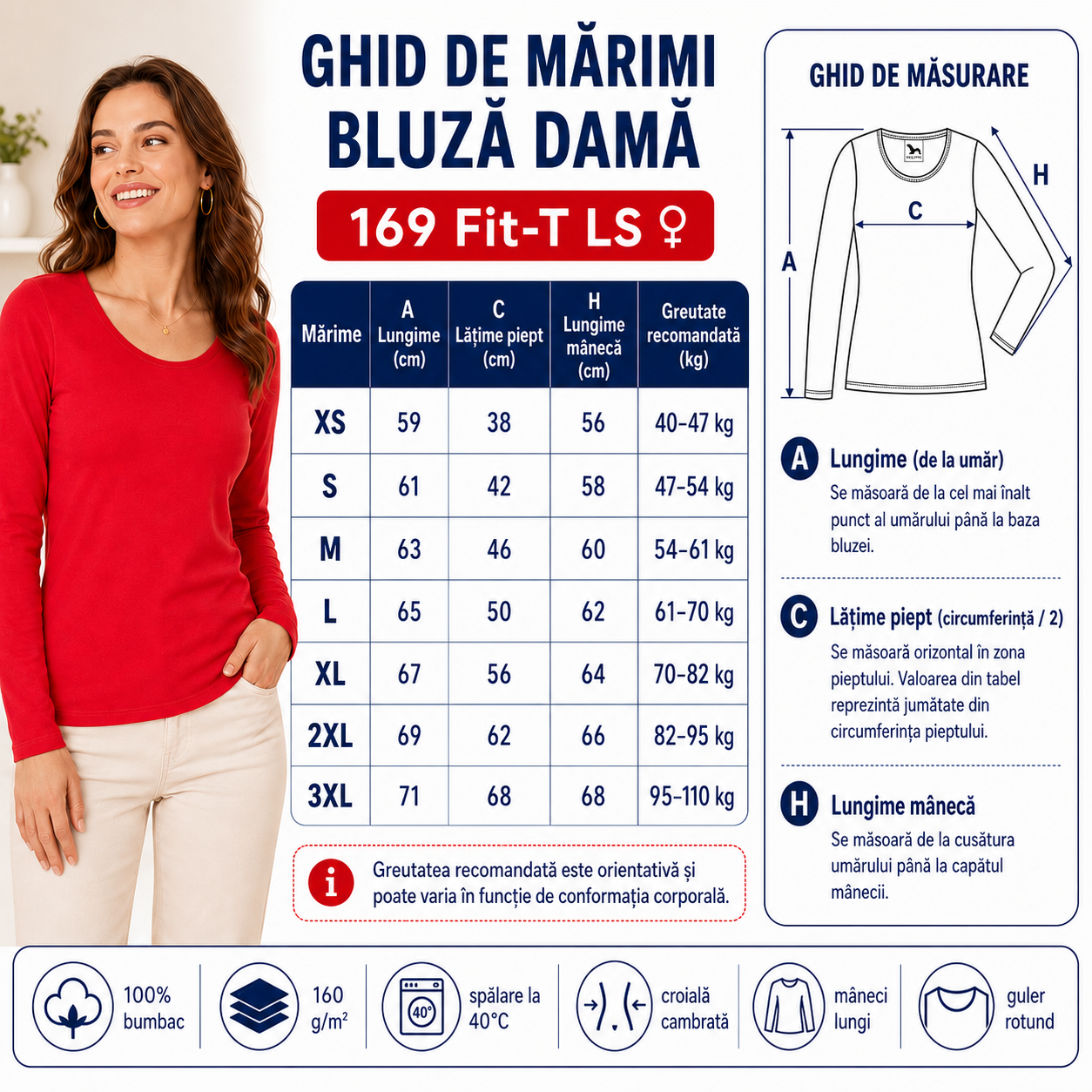 Ghid mărimi bluză damă 169 Fit-T LS, mărimi XS, S, M, L, XL, 2XL și 3XL